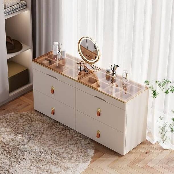 NG Decor W Glass White Dresser 6 Drawer Closet Island with Jewelry Display Storage Engineered Wood Bedside Table