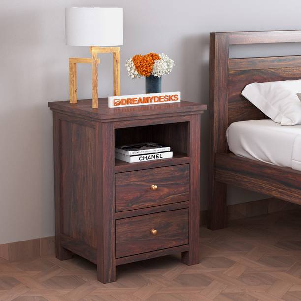 Dreamydesks Solid Wood Bedside Table with 2 Drawer & Shelf for Bedroom Solid Wood Bedside Table