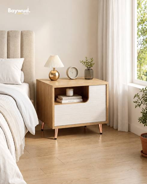 Baywud Baywud Nordic Side Table with Rose Gold Legs & Fluted Drawer Engineered Wood Bedside Table
