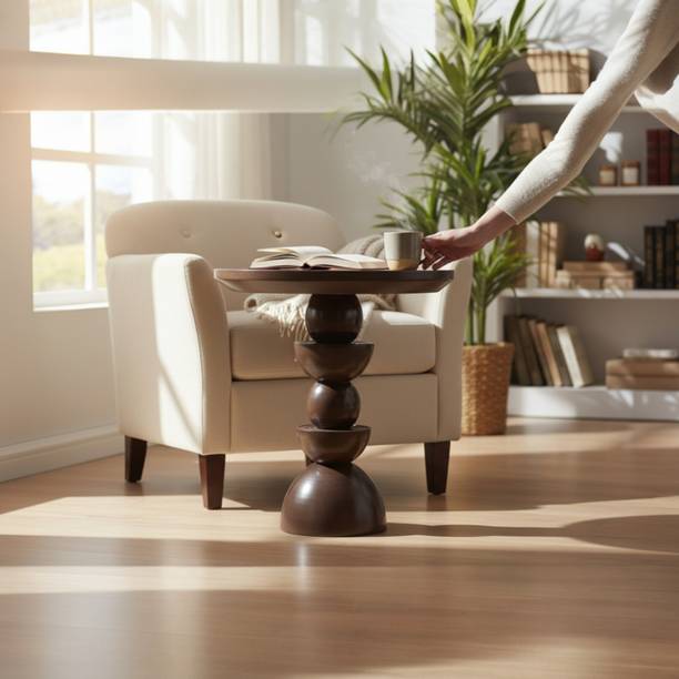 lumber casa Teak Wood Round Side Table,Melamine Polish, Semi Matt Finish, Carved Solid Wood Side Table
