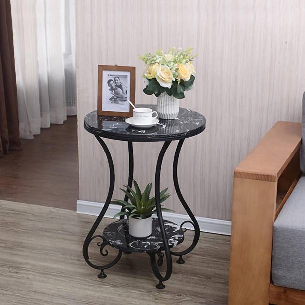 FurniRich Wrought Iron Side Table with Marble-Look MDF Top | 20 x 16 Inch | Black Finish Engineered Wood Side Table