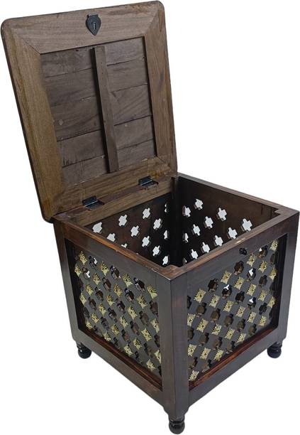 Smarts collection Beautiful Antique Wooden Storage Table with Brass Cutting Design for Living Room Engineered Wood Bedside Table