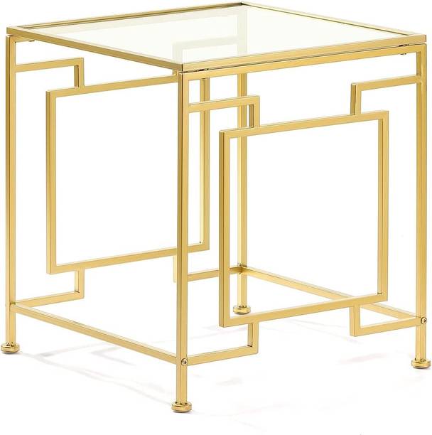 Indian Decor 89272 Gold Side Table, Glass Top End Table with Metal Frame, Square Coffee Metal End Table