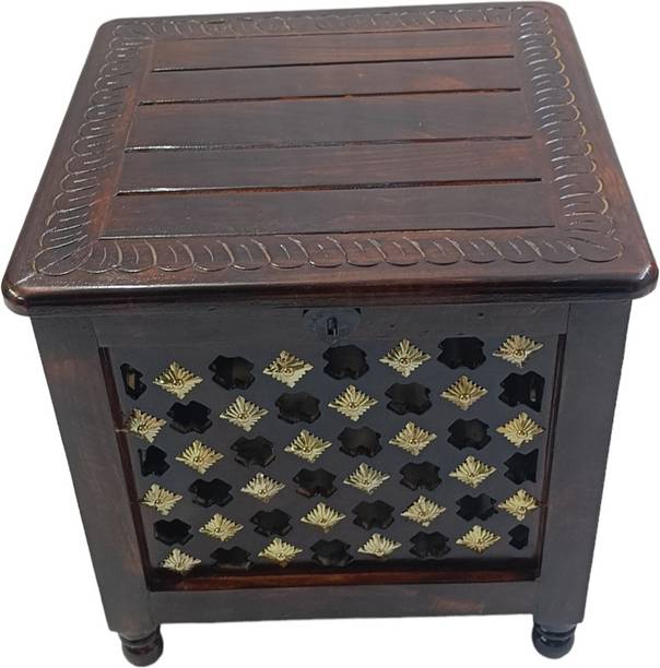 Giftoshopee Beautiful Antique Wooden Storage Table with Brass Cutting Design for Living Room Engineered Wood Bedside Table