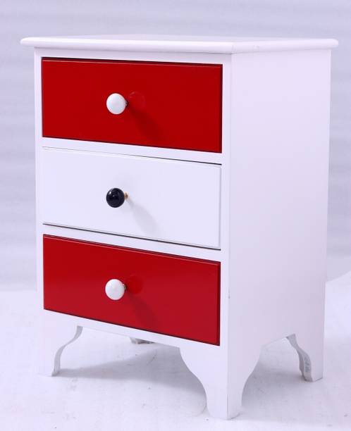 Cherry Wood Bedside End Table with 3 Drawer for Living Room (Red and White) Engineered Wood Bedside Table