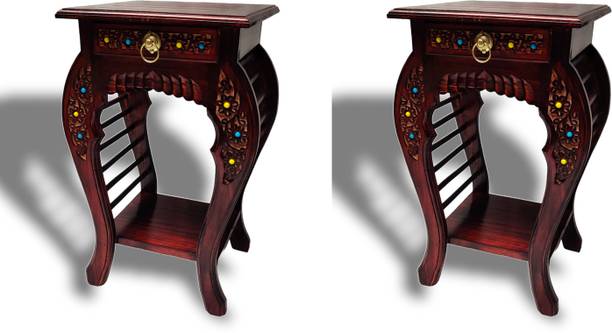 manzees Beautiful Rosewood Floral Carved Handmade Bedside Table with drawer | Set of 2 Solid Wood Bedside Table