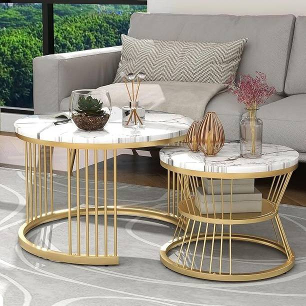 WOOD KARTINDIA Set of 2, Stylish Sofa Side Table with Marble Veneer Top and Metal Frame Metal Side Table