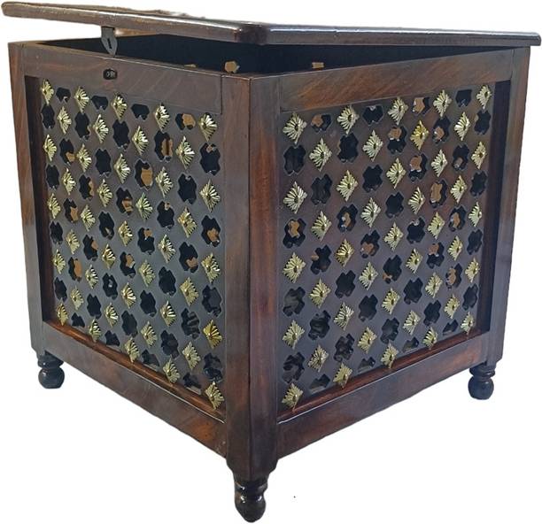 Giftoshopee Beautiful Antique Wooden Storage Table with Brass Cutting Design for Living Room Engineered Wood Bedside Table