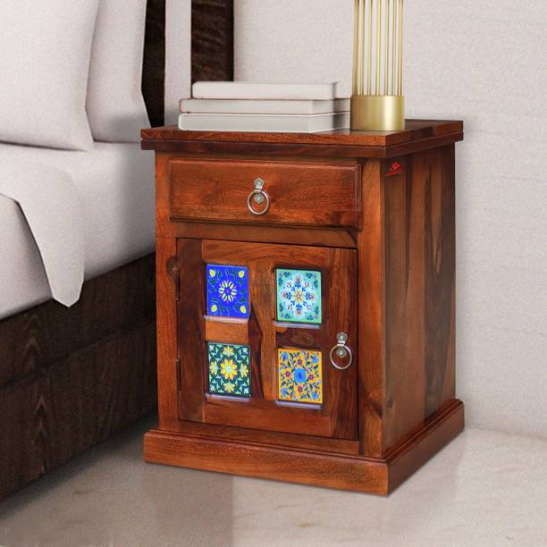 ROOFWOOD Solid Sheesham Wood Bed side Table Ceramica Tail with Storage Solid Wood Bedside Table