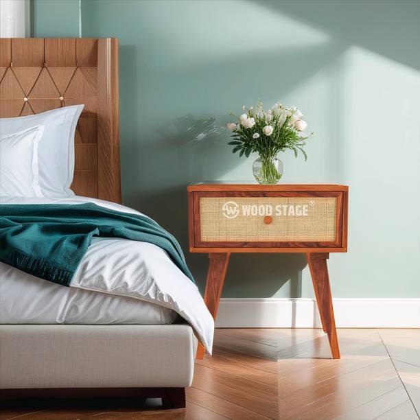 WOODSTAGE Woodstage Solid Sheesham Wood 1 Drawer Cane Bedside Table (Honey Finish) Solid Wood Bedside Table