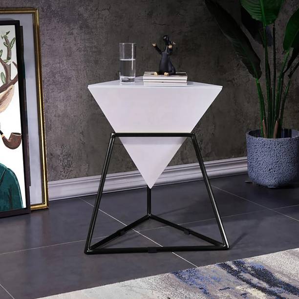 KD KOHINOOR DECOR Modern White Geometric Wood End Table Accent Side Table Metal Corner Table
