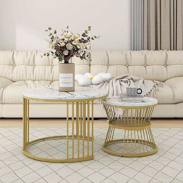 AmiFullshine Stylish Metal Base Marble Finish Laminated Top End Table For Living Room Engineered Wood Nesting Table