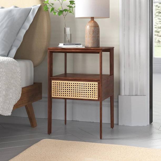 Misan Rattan Cane & Storage Drawer Solid Wood Bedside Table