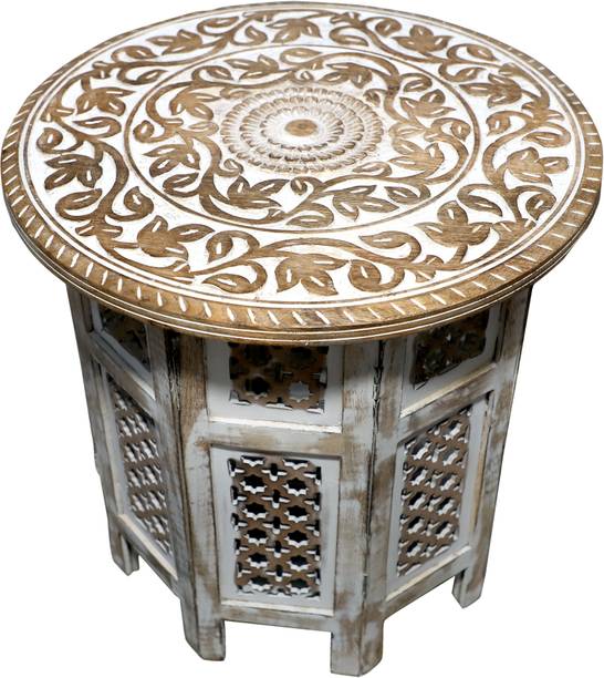Decorhand Wooden Handcrafted Carved Solid Folding Antique White Coffee Table Solid Wood Side Table