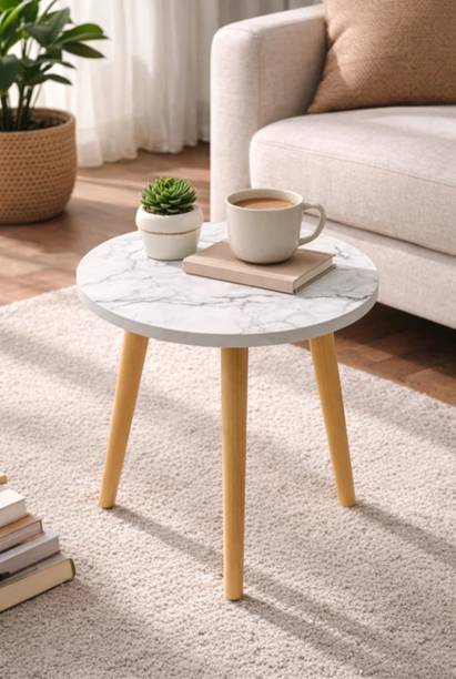 AIMAN Premium Round Wooden Side Table with Solid Wood Marble Finish Top Engineered Wood Side Table