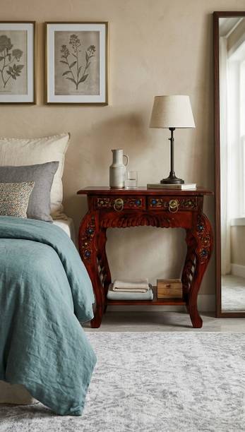 WoodCraftDecor Handcrafted Wooden Side Table with Drawer Storage, Carved Bedside Table Solid Wood Side Table