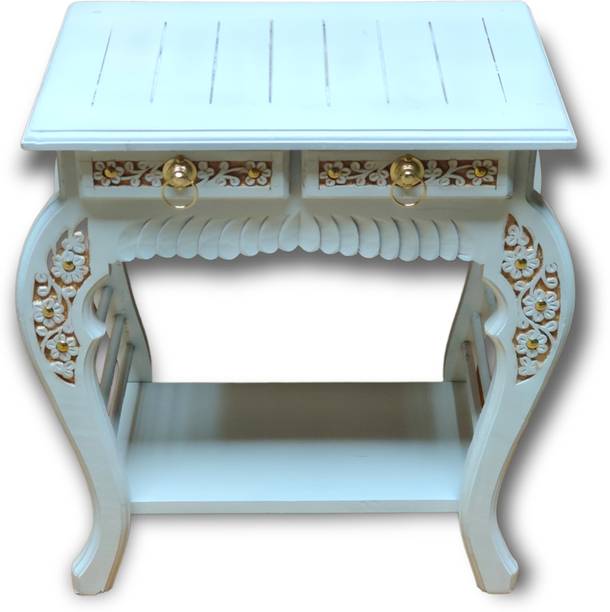 manzees Premium Finish White Wood Side Table with 2 Drawers | Living Room Table Solid Wood Side Table