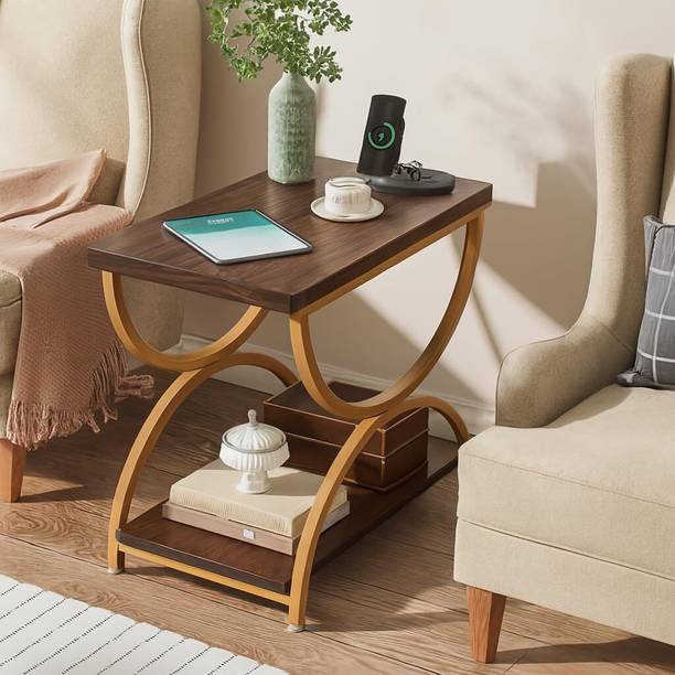 CROWN ART SHOPPEE Modern C-Shaped End Table with 2-Tier Storage Metal Side Table