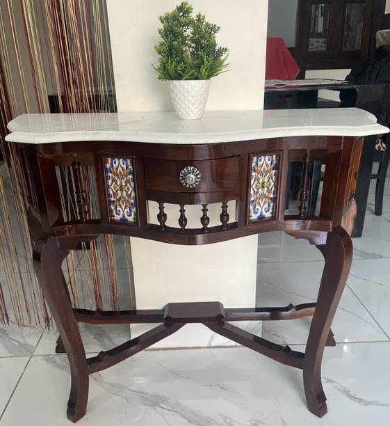 QA Antique Handicraft Look Traditional Corner Console Table Solid Teak Wood with Marble Top Solid Wood Console Table