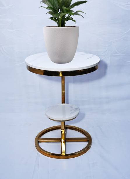 KSDECORS Gold Finish Round Side Table with Twin Marble Shelves – Modern Look Steel Side Table