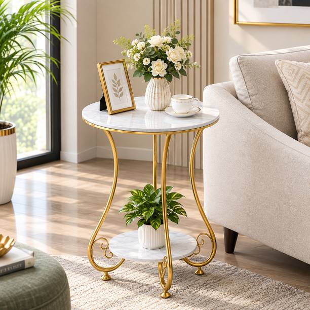 BESTQUALITY Modern 2 Tier Side Table with White Marble Finish Top & Gold Metal Frame Engineered Wood Side Table