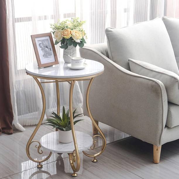 FurniRich Wrought Iron Side Table with Marble-Look MDF Top | 20 x 16 Inch | Gold Finish Engineered Wood Side Table