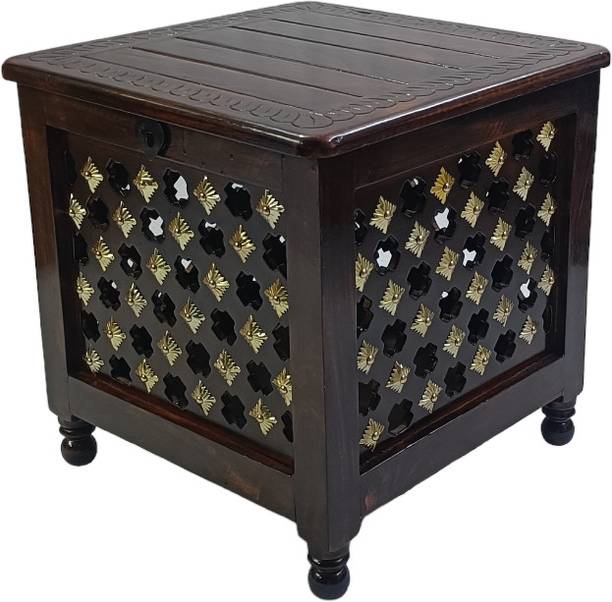 Giftoshopee Beautiful Antique Wooden Storage Table with Brass Cutting Design for Living Room Engineered Wood Bedside Table