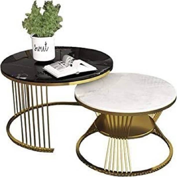 BESTQUALITY Round Coffee Table, 2-Tier Center Table for Living Room Bedroom Balcony Office Metal End Table