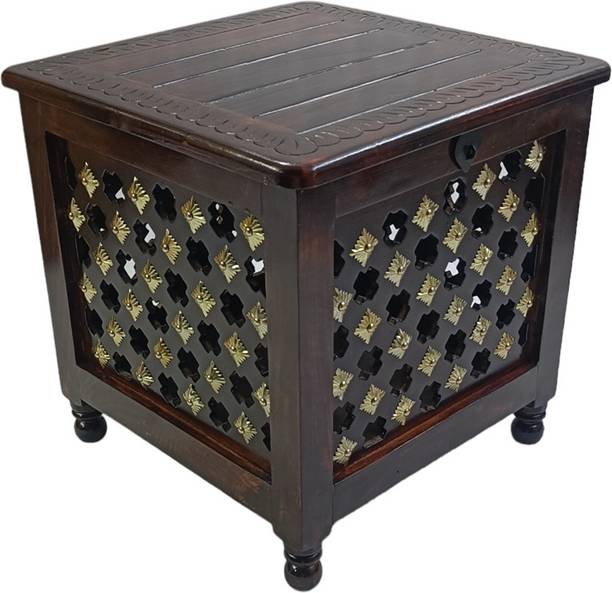 Giftoshopee Beautiful Antique Wooden Storage Table with Brass Cutting Design for Living Room Engineered Wood Bedside Table