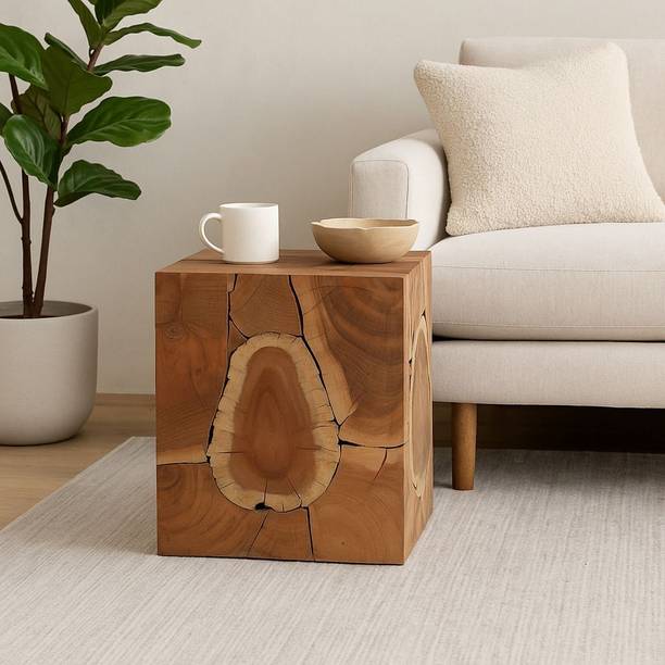 Furniza Natural Wooden Cube Side Table with Live Edge Design – Rustic Accent Table Solid Wood Bedside Table