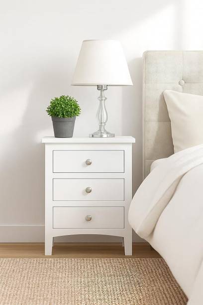 TRUE FURNITURE Sheesham Wood Bed Side Table for Bedroom with 3 Drawer Side Table (White) Finish Solid Wood Side Table