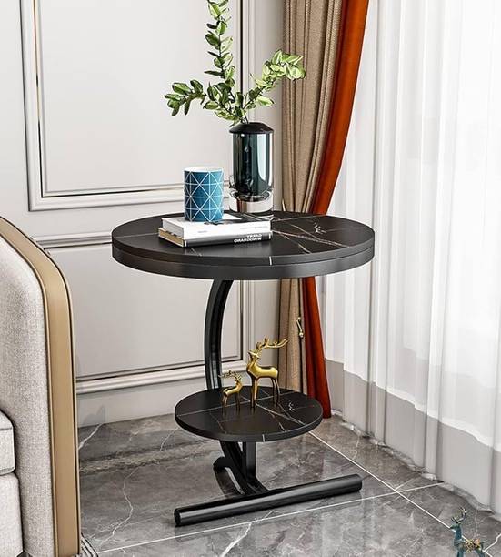 ASHANDICRAFTPRO Round Coffee Table, Circle with Modren Storage Tea Table MDF Marble Textured Top Metal Bedside Table