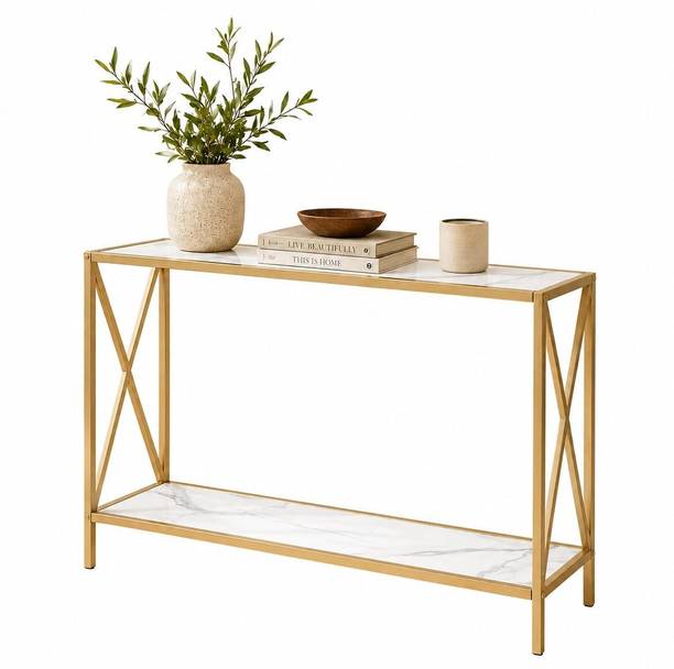 Family Homes Gold Console Table with Engineered Wood top for Living Room and Enryway Metal Console Table