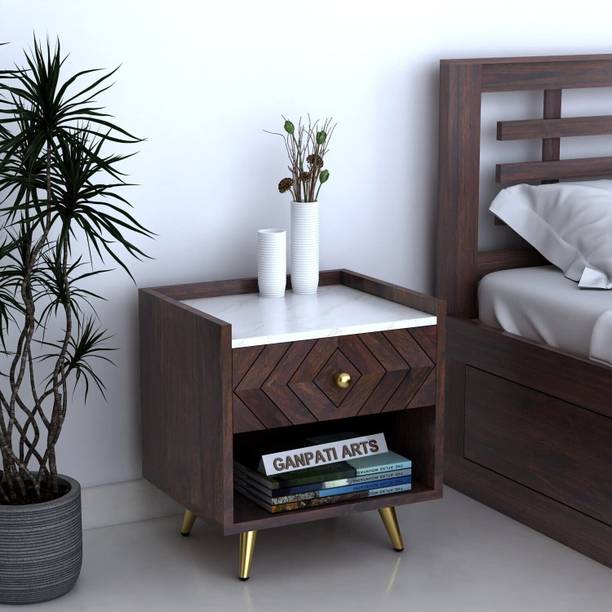 Ganpati Arts Sheesham Bedside Table with Drawer for Bedroom/Living Room/Hotel-Marble Top Solid Wood Bedside Table