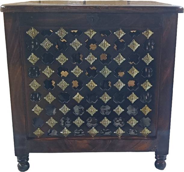 house of common Beautiful Antique Wooden Storage Table with Brass Cutting Design for Living Room Engineered Wood Bedside Table