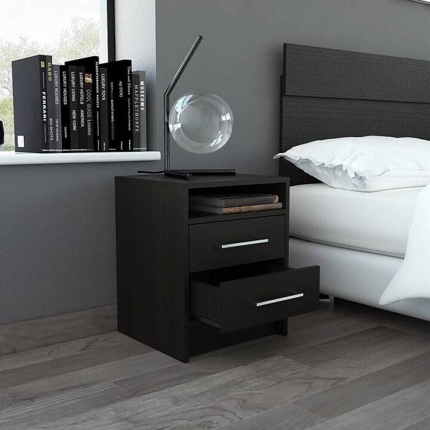 UNITEK FURNITURE Eter Nightstand, Superior Top, Two Drawers and Open Shelf Solid Wood Bedside Table