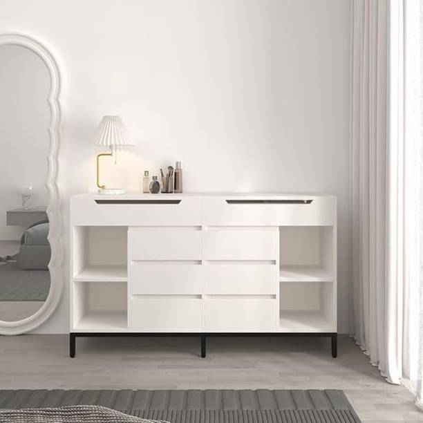 NG Decor Modern White Double Dresser Wide Cabinet with Flip-Top Mirror & Shelves Engineered Wood Bedside Table