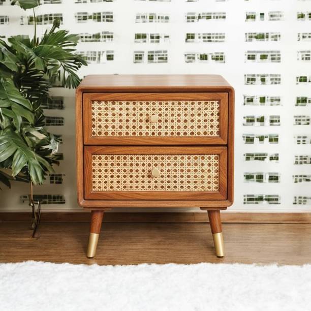 Finhomy Solid Wood Bedside Table with Rattan Drawers for Living Room Solid Wood Bedside Table