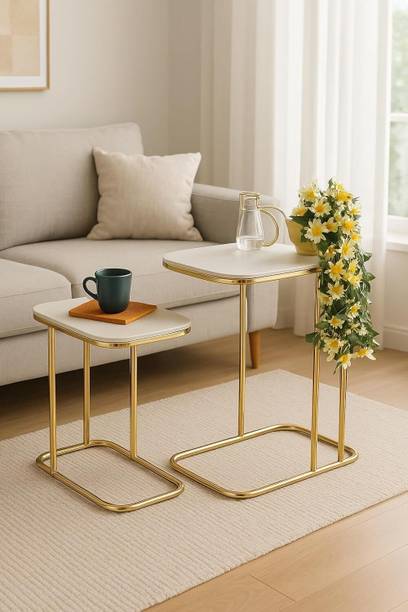 TRADITIONALCRAFT Iron Frame Set of 2 Side Tables, C-Shaped Coffee Tables with Faux Marble Top Metal Side Table