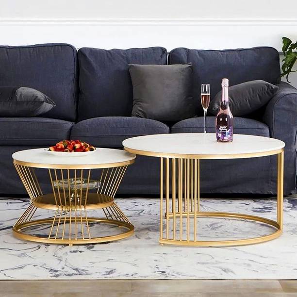 AnDecy Set of 2 Round Coffee Table, Metal Side Table ,Console Table(White & Gold) Engineered Wood Console Table