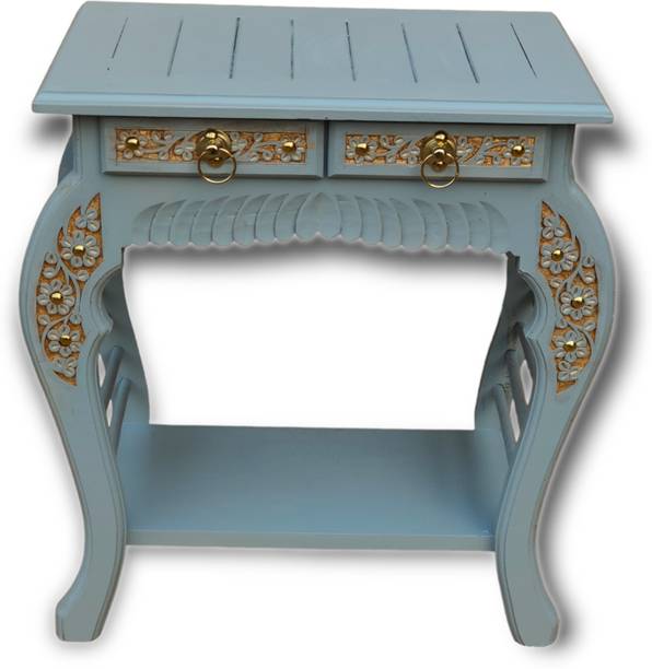 manzees Wooden Side Table for Bedroom | Living Room | Floral Table with 2 Drawer Solid Wood Side Table