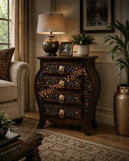 Walnut Valley Wooden Stool-Natural Wood Antique Look Side Table with 4 Drawer for Living Room Solid Wood Bedside Table