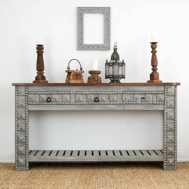 Home wood Console Table with Drawers in Solid Mango Wood Antique White Distress Finish Solid Wood Console Table