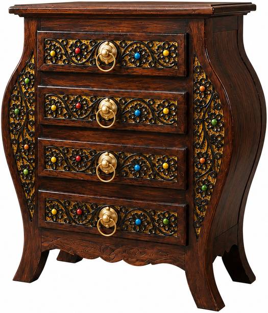 Walnut Valley Wooden Stool-Natural Wood Antique Look Side Table with 4 Drawer for Living Room Solid Wood Bedside Table
