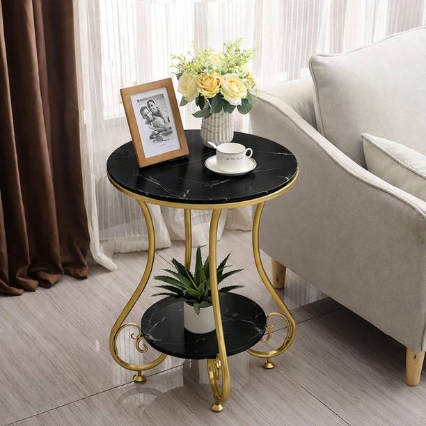 NICraft Modern End Table with Marble Finish Top Round Metal Side Table for Living Room Engineered Wood Side Table