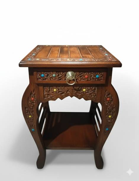 Mysoor art handicrafts Bedside Table Antique Look Natural Wood with Drawer for Living Room Bedroom Side Solid Wood Side Table