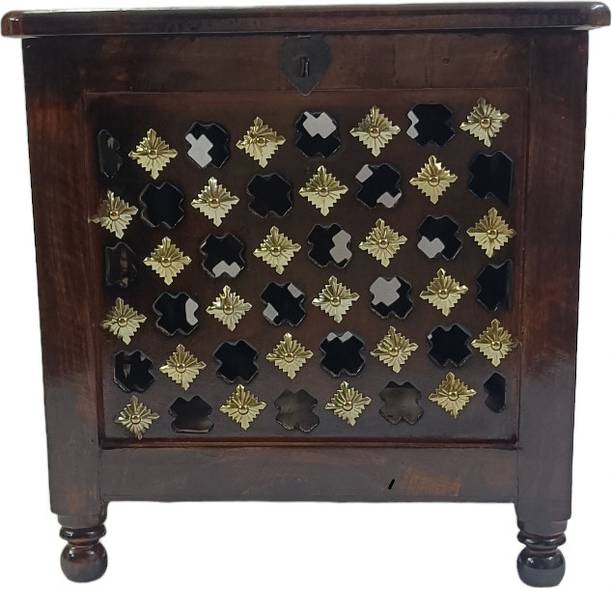 house of common Beautiful Antique Wooden Storage Table with Brass Cutting Design for Living Room Engineered Wood Bedside Table
