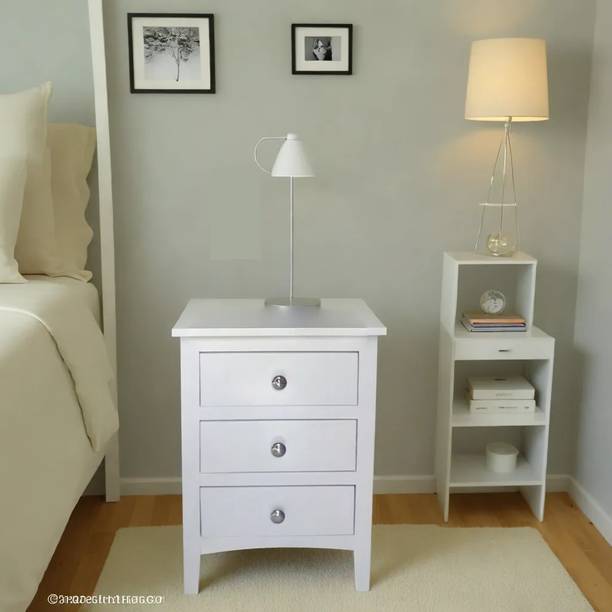 TRUE FURNITURE Sheesham Wood Bed Side Table for Bedroom with 3 Drawer Side Table (White) Finish Solid Wood Side Table