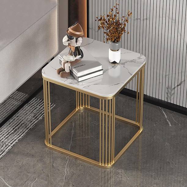 Smfg Handicraft Sequre shape white and gold table Engineered Wood Side Table Engineered Wood Side Table