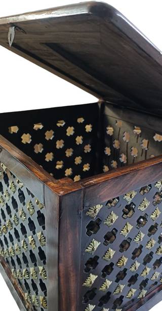 house of common Beautiful Antique Wooden Storage Table with Brass Cutting Design for Living Room Engineered Wood Bedside Table
